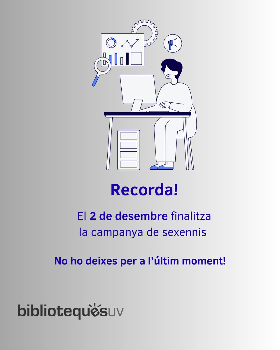 📢 Últim dia: el 2 de desembre es tanca el formulari de sol·licituds dels informes de sexenni 2025-26.
#bibliotequesuv oferim el servei Suport+Indicis per ajudar el PDI <a href="/UV_EG/">Universitat València</a> a trobar indicis de qualitat de les seues publicacions.
#UVCiència #Sexennis #ANECA #UV