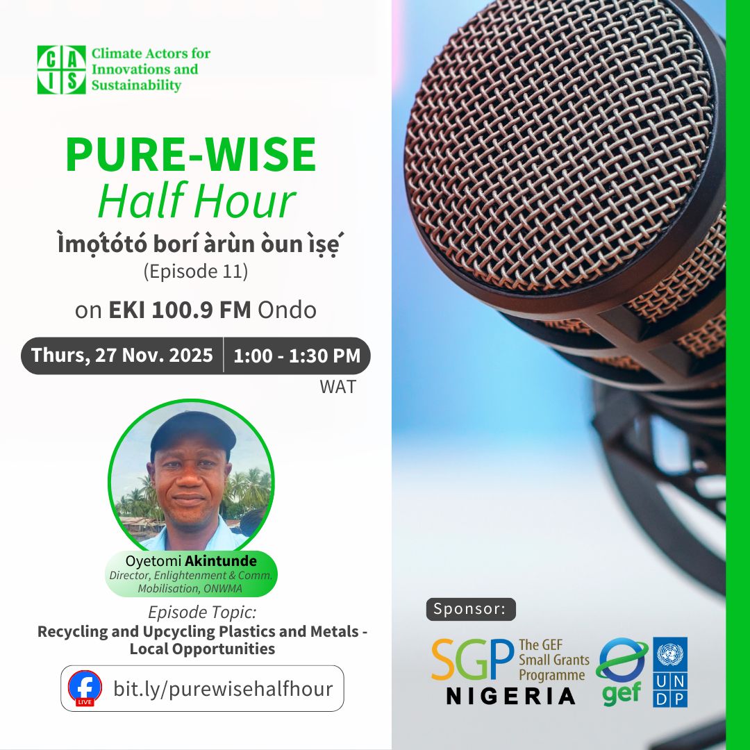 caisclimate's tweet photo. Tomorrow, we host the Dir. of Enlightenment at the Ondo State Waste Mgt. Authority, who will highlight local opportunities for recycling & upcycling plastics and metals in the state on https://t.co/x9YkpWkxBk
Thanks to @GEF_SGP @sgpnigeria support.
#PureWiseOndo #ReplacePlastic https://t.co/Aj3MdvlAAq