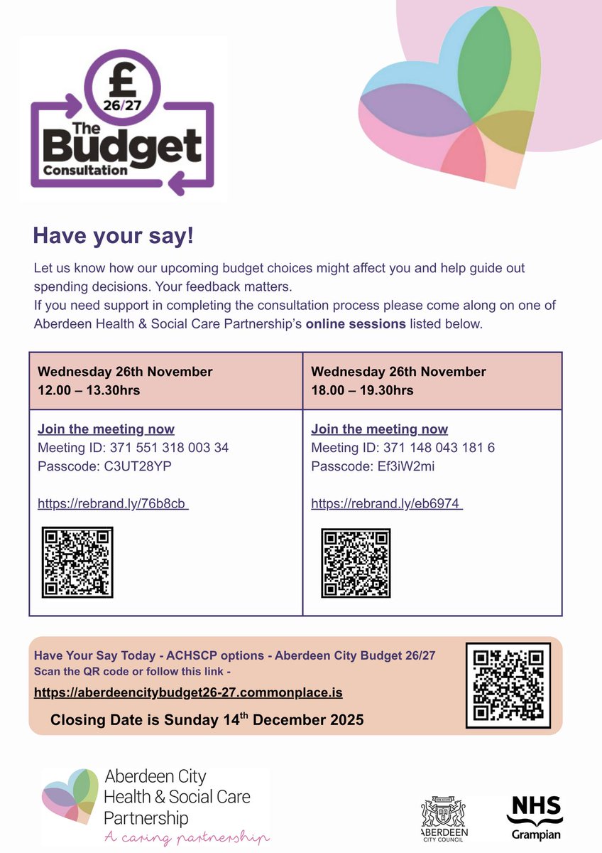 HSCAberdeen's tweet image. Today we are hosting 2 online sessions as part of our Budget Consultation 💻 

Please join us at 12pm - 1.30pm here - orlo.uk/Online_12pm_SH…  or at 6pm - 7.30pm here - orlo.uk/Online_6pm_Jqg…  

#HaveYourSay #JointConsultation
@NHSGrampian @AberdeenCC @bonaccordcare