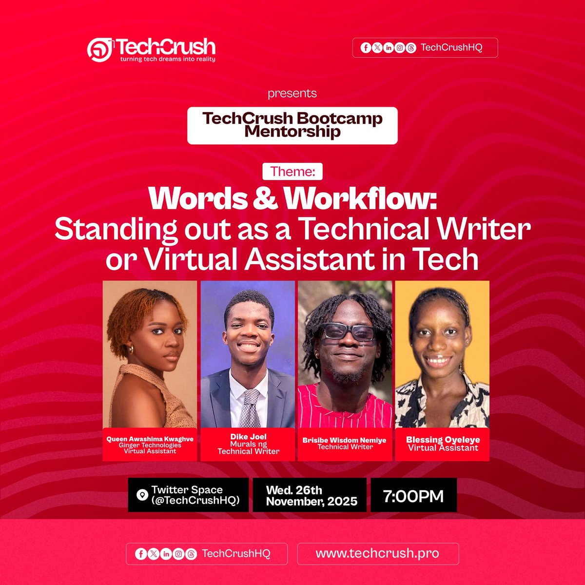 TechCrushHQ's tweet image. Tech isn’t only for coders! 😌
If you love writing or organization is your superpower, there’s a place for you here. 📝⚡

Join us as we break down how to build a stand-out career in Technical Writing and Virtual Assistance!

 #TechCrush #Tech4Africans