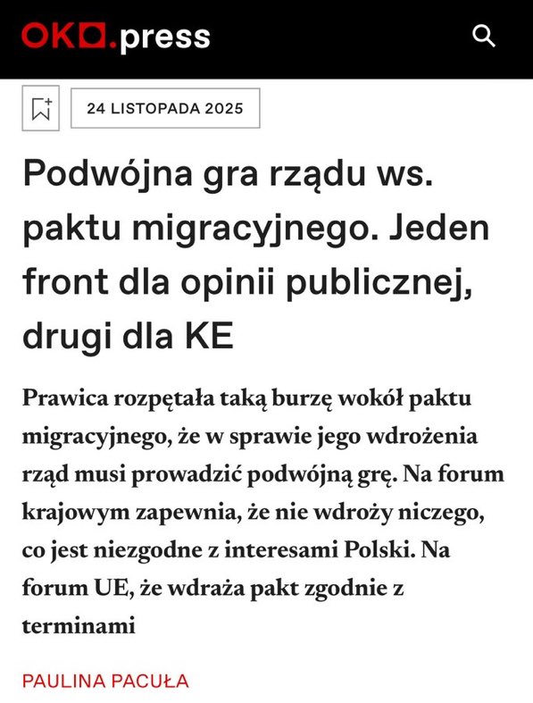 Wg lewackiego portalu, prawica jest winna temu, że Donald Tusk perfidnie okłamuje naród w sprawie paktu migracyjnego.