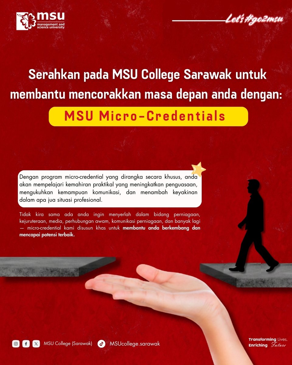 MsucSarawak's tweet image. Tingkatkan kemahiran anda dengan program micro-credential di #MSUMalaysia 🚀
Direka untuk semua peringkat, program ini membantu anda mempelajari skil baharu dengan cepat dan relevan mengikut keperluan industri semasa.

Hubungi kami hari ini : api.whatsapp.com/send?phone=601…

#MSUMalaysia