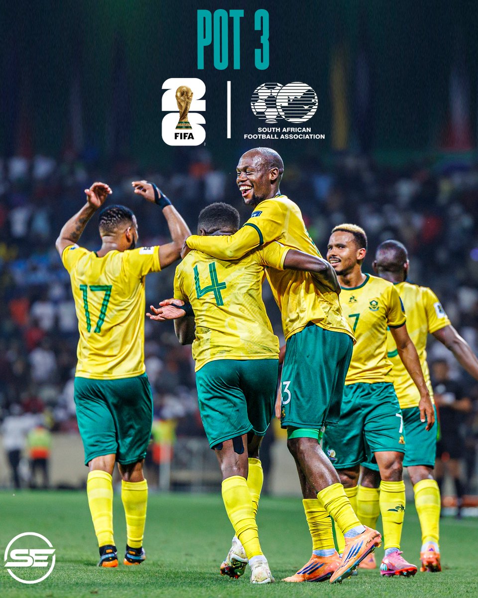 𝗕𝗔𝗙𝗔𝗡𝗔 𝗜𝗡 𝗣𝗢𝗧 𝟯!

Its confirmed! Bafana Bafana will be in Pot 3 for the FIFA World Cup draw to take place on 5 December! 🇿🇦

It could also mean that we could play the opening game of the World Cup vs Mexico. A rematch of the 2010 opening game! 🇲🇽