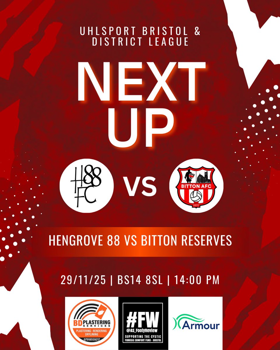 BittonReserves's tweet image. NEXT UP | 👉 

The lads are eager to bounce back this weekend with a strong performance and result ⚽️

🆚 Hengrove 88
🏟️ Cutters Friday Ground (BS14 8SL)
🏆 Bristol &amp;amp;District Division 2
📆 29/11/25
⏰ 14:00 KO

#UPTHETON🔴⚪️🔴⚪️