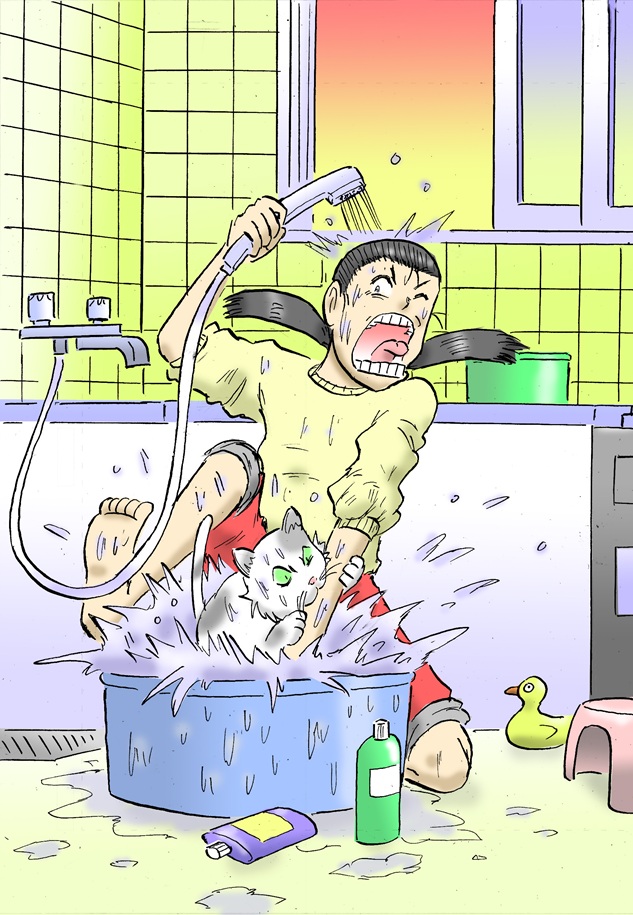 #いい風呂の日
ペルシャ猫とか毛深い猫って、身体だけ濡らすと毛が寝て顔とアンバランスな事になって不気味で笑えるのよね。