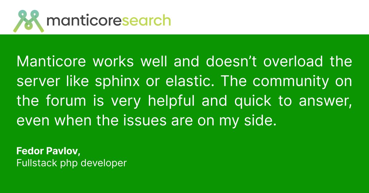 manticoresearch's tweet image. 🗣️ Tried Manticore Search? We’d love to hear your thoughts!
Share what’s working well and what we could do better in the comments below 👇 Your feedback drives our improvements! 🌟
#manticoresearch