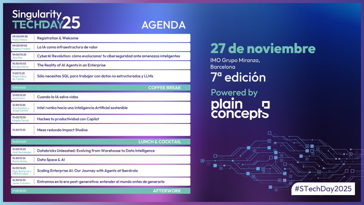 plainconcepts's tweet image. Después de meses de espera… ¡mañana llega la 7ª edición del Singularity Tech Day! 💥

▪️ Ponentes top en #IA aplicada
▪️ Networking valioso
▪️ Contenidos transformadores

¡Mañana nos vemos! 👋🏼 
singularitytechday.com
