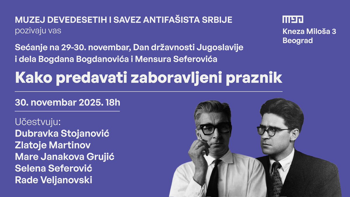 Povodom 29–30. novembra sećamo se Bogdana Bogdanovića i Mensura Seferovića – prijatelja, stvaralaca i antifašista koji su oblikovali Mostar i Jugoslaviju. Razgovaramo o njihovom radu, progonu zbog otpora Miloševiću i nasleđu koje živi kroz izložbe, knjige i sećanja 👇