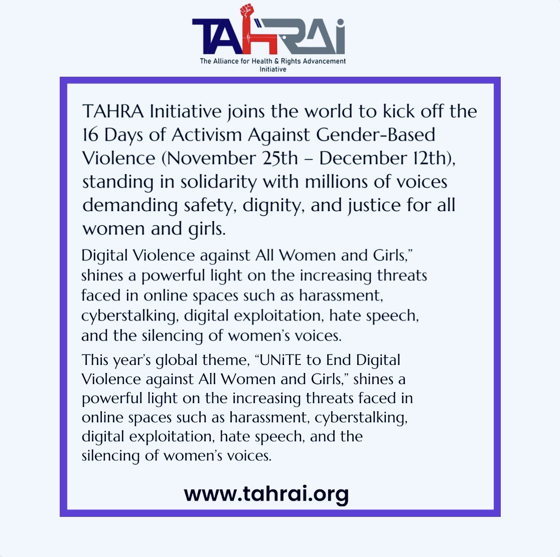 Tahrai_Nigeria's tweet image. This year’s theme:“UNiTE to End Digital Violence against All Women and Girls”-calls us to protect women’s rights, voices, and safety in online spaces.

Let’s make these 16 days count.
#EndGBV #StopDigitalViolence #OrangeTheWorld #TAHRAInitiative