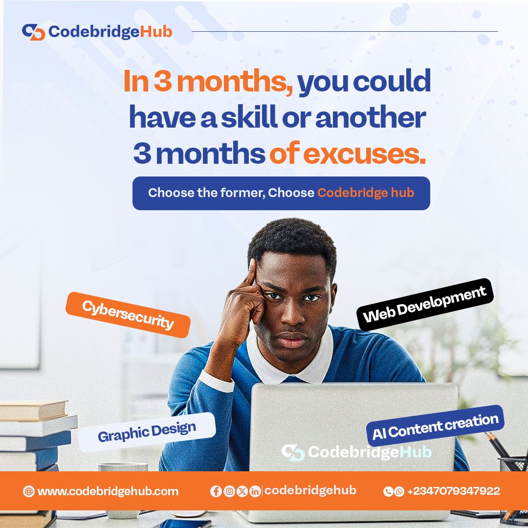 codebridgehub's tweet image. Good morning! Fam 💫💞
 In 3 months.....,
you could have a new skill....or another 3 months of excuses.

 The choice is yours...
Ready to invest in yourself 🤔?...
 Explore ♦️Cybersecurity, 
♦️Web Development, 
♦️Graphic Design, 
♦️AI Content Creation &amp;amp; more @codebridgehub.
 Your…