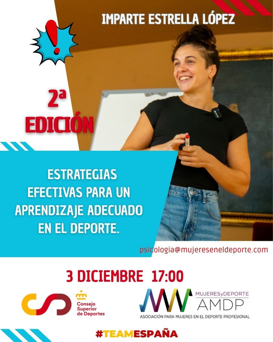 MujeryDeporte_'s tweet image. 🙋🏻‍♀️Dirigido a entrenadoras que quieran mejorar su capacidad de enseñanza y liderazgo en sus equipos.
🥰Son gratuitos por una subvención  @deportegob
30 plazas. Por ser asociada, tienes preferencia. Y también si eres #TEAMESPAÑA
👇🏻psicologia@mujereseneldeporte.com