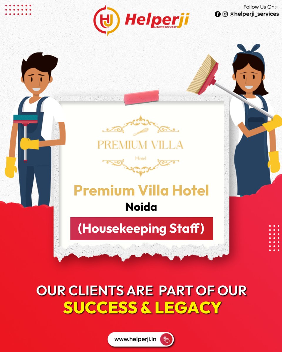 HelperjiService's tweet image. ✨ Proud to Serve, Proud to Grow Together! ✨

We’re delighted to have Premium Villa Hotel, Noida as part of the Helperji family for their Housekeeping Staff requirements. 🧹🏨

#Helperji #HousekeepingServices #StaffingSolutions #ClientSuccess #ProfessionalSupport #NoidaServices