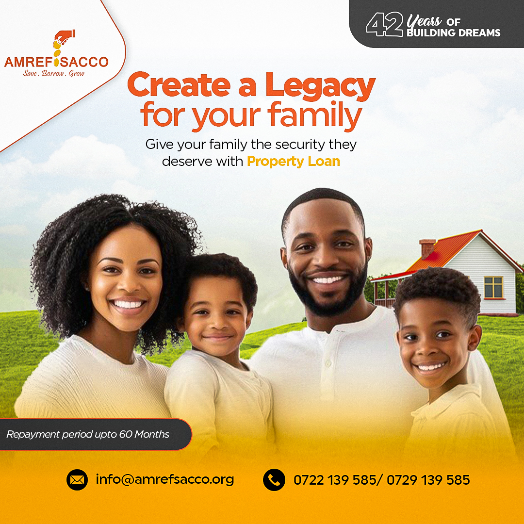 Build a legacy that lasts 🏡 

Secure your family’s future with AMREF SACCO Property Loan – up to 60 months to repay! 
#AMREFSACCO #PropertyLoan #HomeOwnership #FamilyLegacy #BuildingDreams