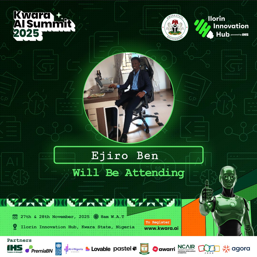 Ejiro_Ben5's tweet image. Excited to be attending the Kwara AI Summit 2025! 🚀
As an aspiring software developer  currently building my path through web development, I am looking forward to learning, connecting, and growing in the AI ecosystem.
#KwaraAISummit2025 #TechInKwara #FrontendDev #AICommunity