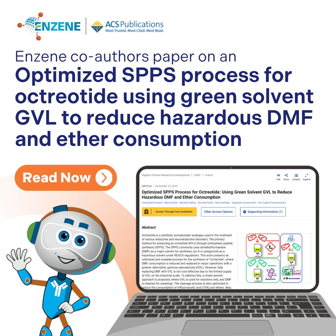 enzenebio's tweet image. GLP-1 helps people—but its manufacturing isn’t always kind to the planet.

Enzene scientists show how GVL can reduce DMF &amp;amp; ether in SPPS.
Congratulations to the team on this impactful, sustainable achievement.

pubs.acs.org/doi/10.1021/ac…
#GLP1 #Peptides #SPPS #GreenChemistry