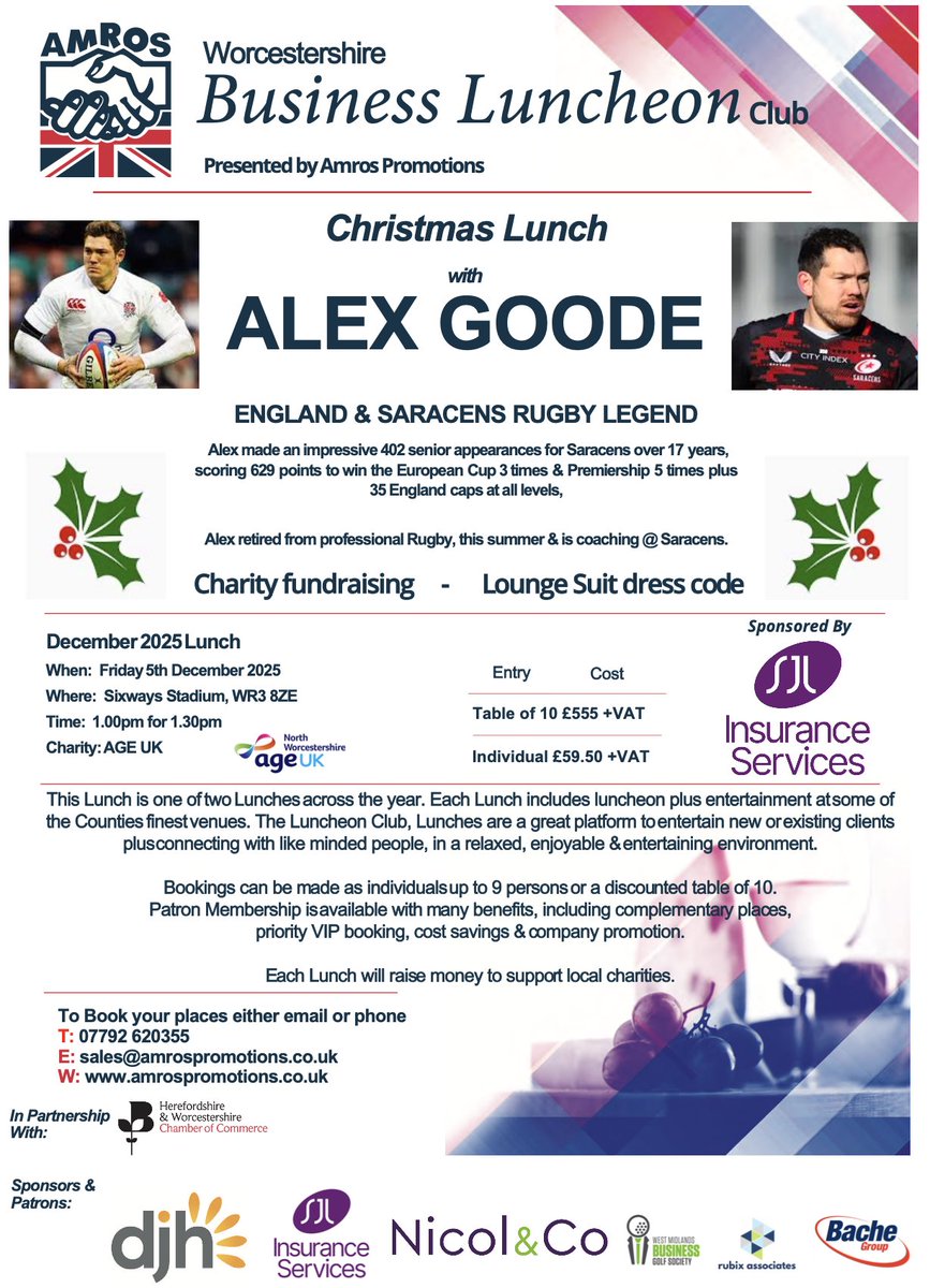 Last few places remaining our Christmas #Worcestershire Business Luncheon Club with Alex Goode taking place on 5th Dec at <a href="/WorcsWarriors/">Worcester Warriors</a> sponsored by <a href="/SJLInsurance/">SJL Insurance</a> supporting <a href="/ageuk/">Age UK (now @age_uk)</a>. If you like to book a table or individual places, please contact us #WorcesterhireHour