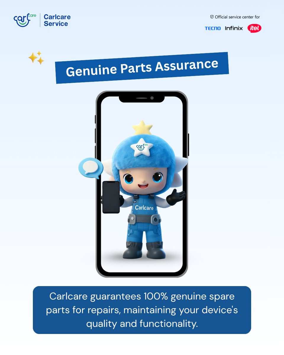 Carlcareug's tweet image. ✨ Keep it Genuine! ✨
Get 100% original spare parts at Carlcare for trusted, long-lasting repairs. 📱💙Visit Carlcare today and enjoy worry-free service!
#Carlcare #GenuineParts #PhoneRepair #OfficialServiceCenter #TECNO #Infinix #itel