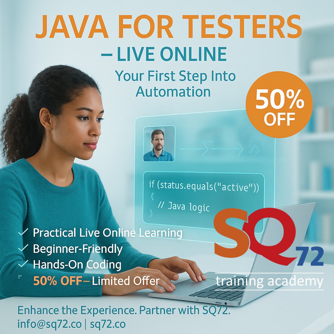 SQ72Testing's tweet image. 🎓 Java for Testers • 50% OFF
Build the coding skills that turn testers into automation leaders.
Live online. Practical. Career-shifting.
🌐 sq72.co/certified-trai…
#JavaTraining #AutomationSkills