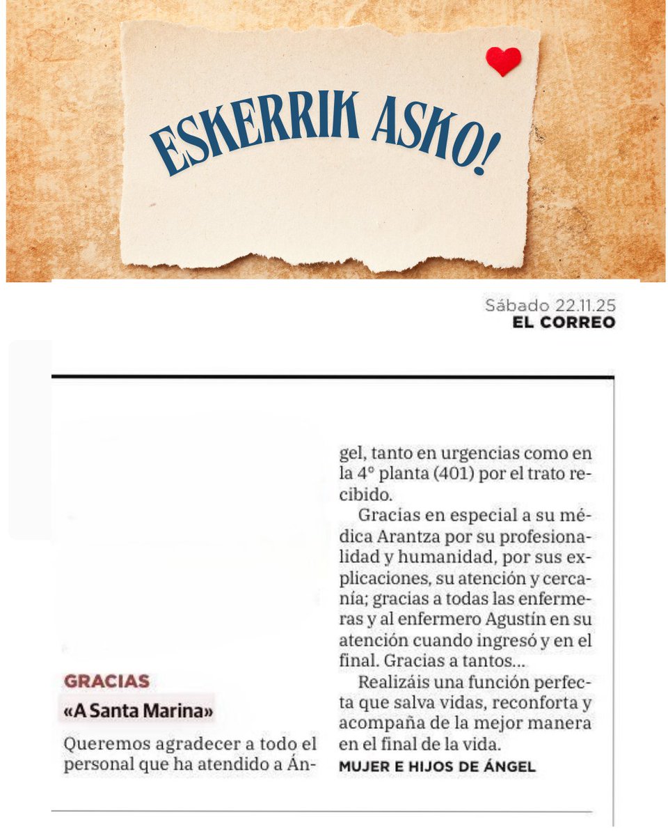 santamarinaospi's tweet image. 💌 La mujer e hijos de Ángel, agradecen en @elcorreo_com al Servicio de Urgencias y a Arantza y Agustín, neumóloga y enfermero de Neumología, por el trato que recibió Ángel durante su ingreso en el hospital Santa Marina

Eskerrik asko

@osakidetzaEJGV 
@OsasunEJGV 
#EuskadiBerria