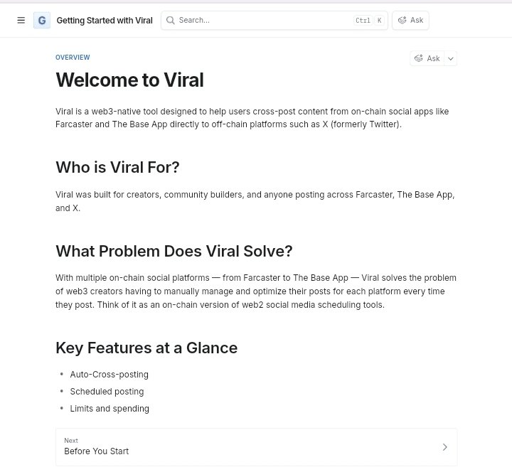 i take a keen interest in <a href="/base/">Base</a>-d projects that look like 'onchain copies' of web2 tools we already use.

one of them is <a href="/viraldotnow/">Viral</a>. think of it as your onchain social media scheduling tool.

i developed detailed a user guide for viral to make onboarding for new users easy. 👇🏾