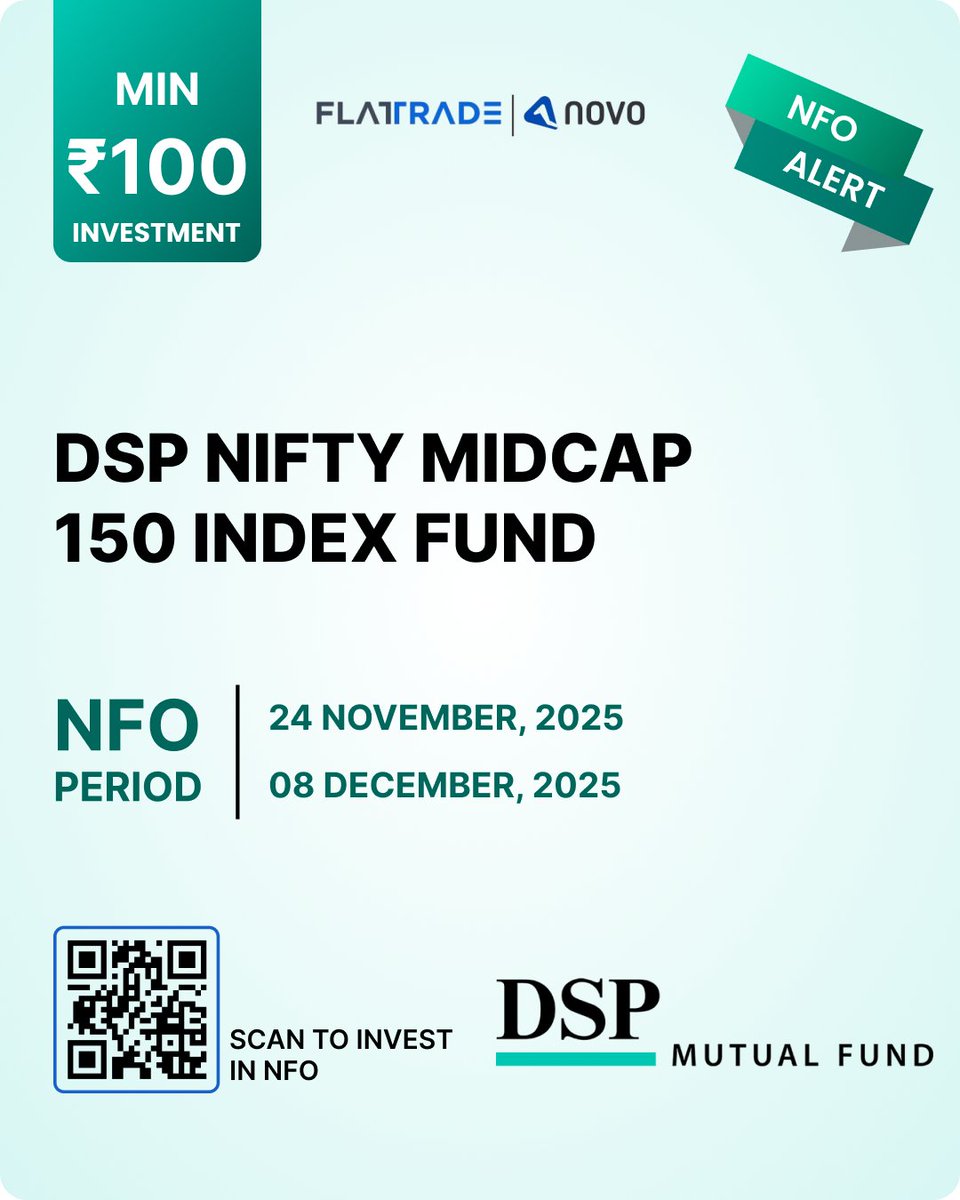 Flattradein's tweet image. DSP Nifty Midcap 150 Index Fund aims to mirror the performance of the Nifty Midcap 150 Index.
A disciplined, rules-based approach to mid-cap investing.

Apply via: onelink.to/449wqx 

#DSPMutualFund #Midcap150 #IndexFund #EquityFunds #NFO #Novo #Flattrade