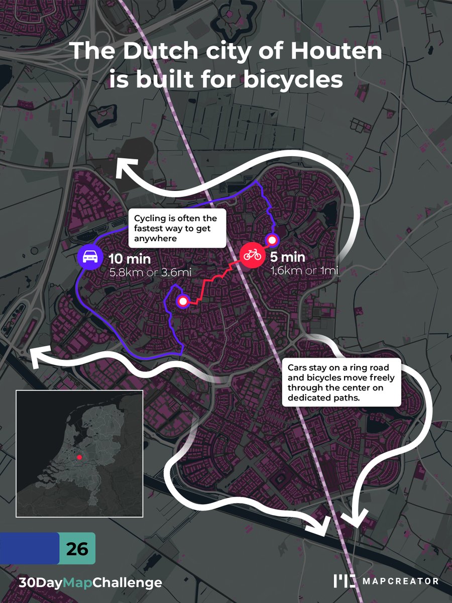 mapcreator_io's tweet image. Designed for bicycles and pedestrians, this town is much easier to navigate by bike or by foot. Would you like to live in a town like Houten? 🚲 #transportmap #mapcreation #30daymapchallenge