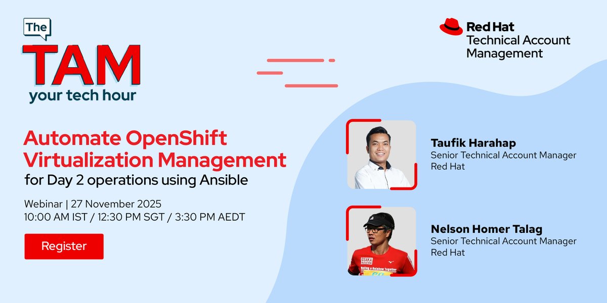 RedHatAPAC's tweet image. Is manual #VM management slowing you down? Routine Day 2 ops often lead to operational drift and lower reliability. It’s time to #automate. Join the next TAM your Tech Hour to learn how to streamline #OpenShift #Virtualization using @Ansible. Register here red.ht/49AB3po