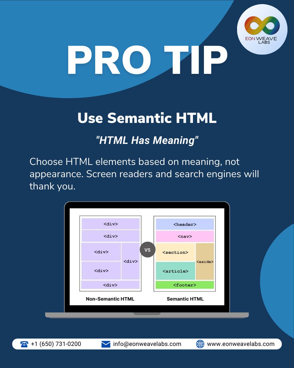 EonWeaveLabs's tweet image. Choosing the right HTML element isn’t just a technical choice, it’s a meaningful one.

Proper structure improves user experience, especially for screen readers and search engines. Building smarter starts with being intentional.

#WebDevelopment #HTML #htmldevelopment #developer