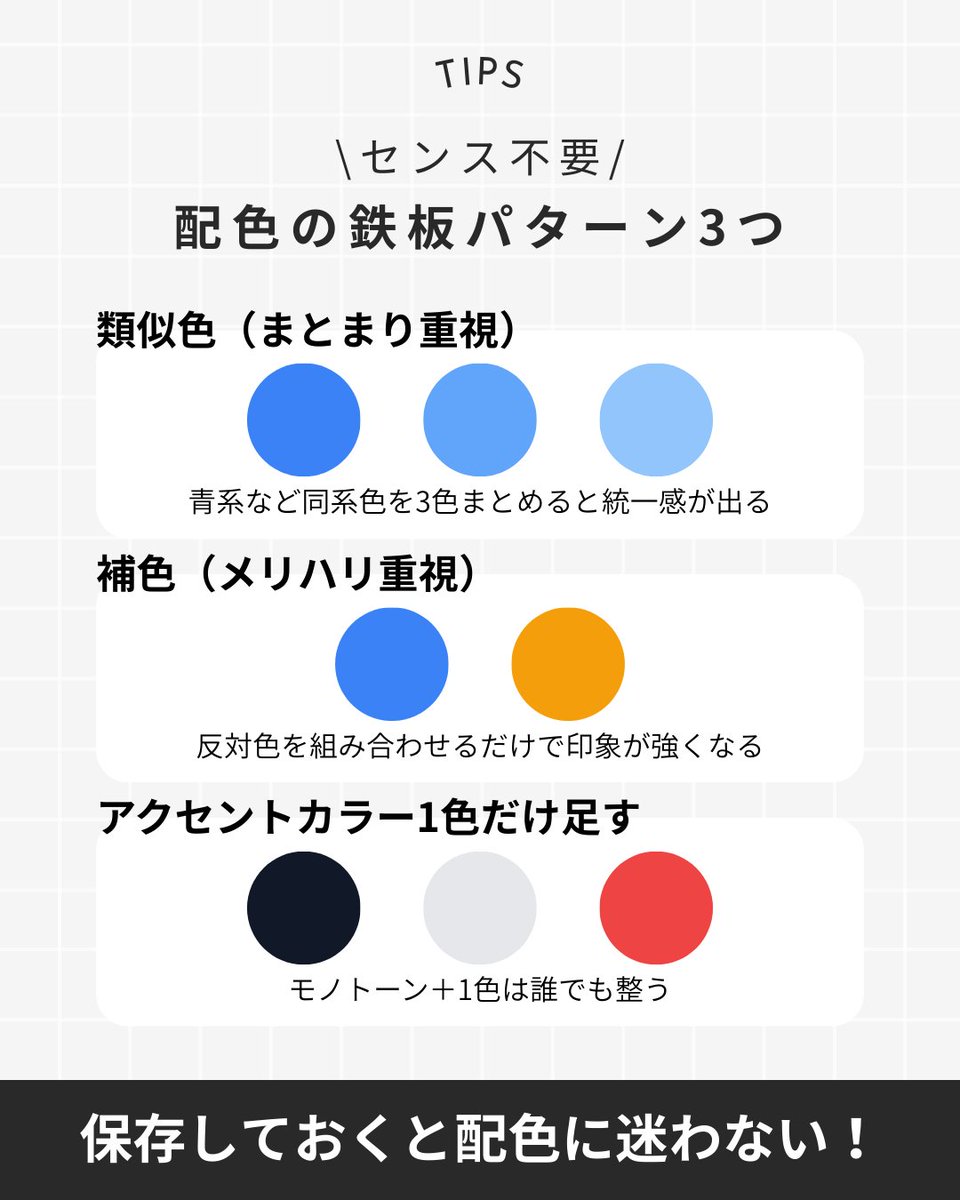 ninjacodeee's tweet image. デザインは「色」で一気に上手く見える✨
迷ったらまずこの3パターンだけ覚えておけばOK！

① 類似色 → まとまりが出る
② 補色 → メリハリが出る
③ アクセント1色 → 一気に垢抜ける
#Webデザイン #Webデザイナー #配色