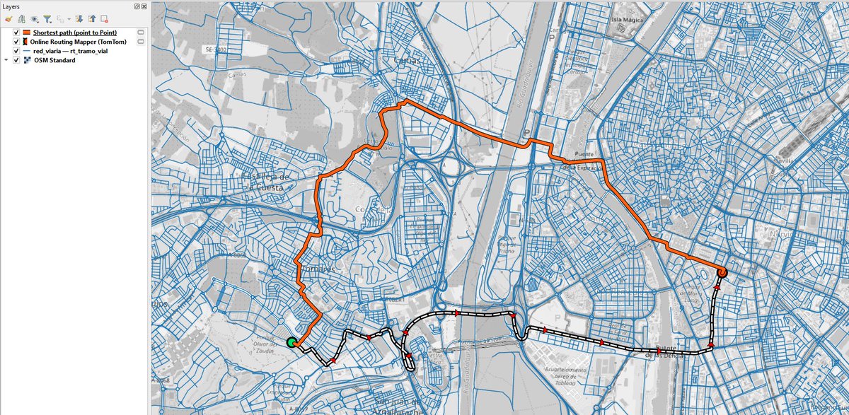 guspresa's tweet image. Comparando &quot;Network analysis (Shortest path)&quot; + &quot;red viaria IGN&quot; vs  &quot;Online Routing Mapper (TomTom)&quot;, en #QGIS Gana el plugin... A menos que no esté haciendo algo bien.