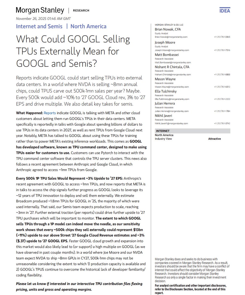 Rocky_Bitcoin's tweet image. 最近美股各投行在大肆鼓吹TPU芯片了，谷歌自从被巴菲特锁定后，股价蹭蹭涨📈，已经临近4万亿大关，今天就简单解析一下TPU的潜力以及相关利好利空的公司。

我最近也跟随巴菲特，在押注谷歌TPU，我认为这不仅仅是芯片，而是一场云计算的“阳谋”。…