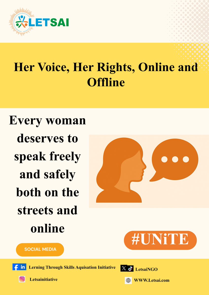 LetsaiNgo's tweet image. 𝗛𝗘𝗥 𝗩𝗢𝗜𝗖𝗘, 𝗛𝗘𝗥 𝗥𝗜𝗚𝗛𝗧𝗦 — 𝗢𝗡𝗟𝗜𝗡𝗘 𝗔𝗡𝗗 𝗢𝗙𝗙𝗟𝗜𝗡𝗘
Every woman and girl deserves the freedom to speak, express, and participate fully in society.

#HerVoiceHerRights 
#OrangeTheWorld 
#EndGBV 

@UNICEF_Nigeria
@UN
@UNWomenWatch