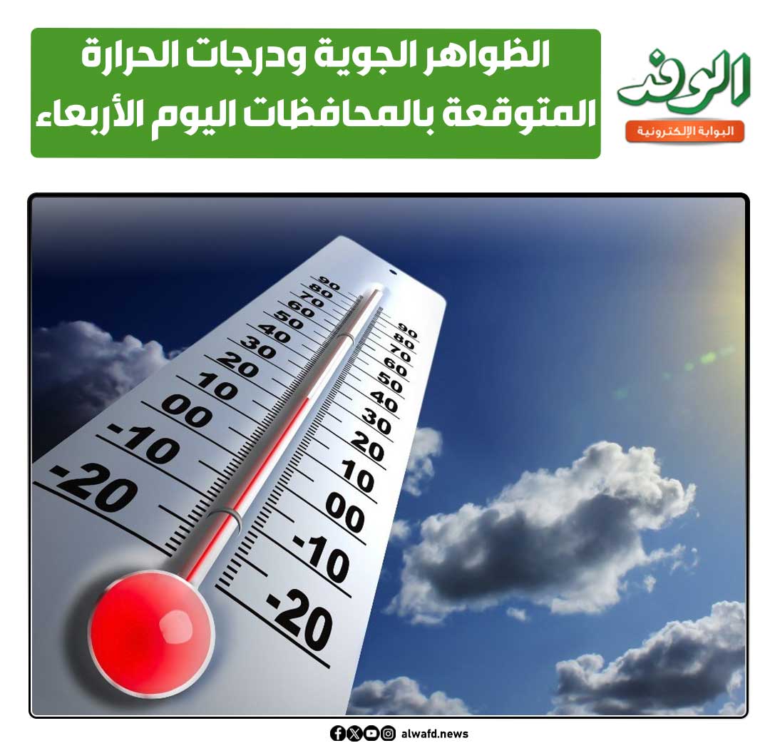 بوابة الوفد| الظواهر الجوية ودرجات الحرارة المتوقعة بالمحافظات اليوم الأربعاء 