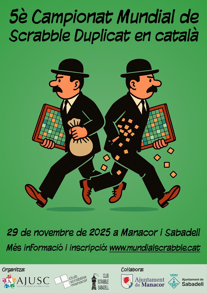 Aquest dissabte 29 de novembre es disputarà el 5è Campionat Mundial de Scrabble Duplicat en Català, simultàniament en dues seus: Sabadell i Manacor! 🎉

✍️ Encara hi ha places disponibles, inscriu-t'hi!

Més informació a mundialscrabble.cat

#scrabbleencatalà #scrabblecat