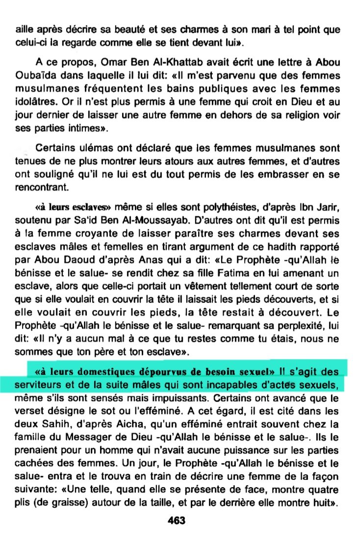 tropdecomptes's tweet image. ☪️📚 Le tafsir (exégèse du coran) de Ibn Kathir démontre bien que le voile a un rapport avec le sex et qu&apos;il  sexualise donc les fillettes qui le portent :

Sourate 24 verset 31 :
&quot;Prescrit aux croyantes de tenir leurs yeux baissés et de couvrir leur gorge d&apos;un voile.&quot; 
C&apos;est un…