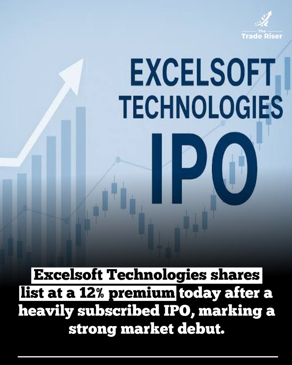 TheTradeRiser's tweet image. Excelsoft Technologies made a strong stock market debut today, listing at a 12% premium over its issue price. The solid subscription and growing ed-tech demand boosted investor confidence.

#ExcelsoftIPO #MarketDebut #IPOListing
