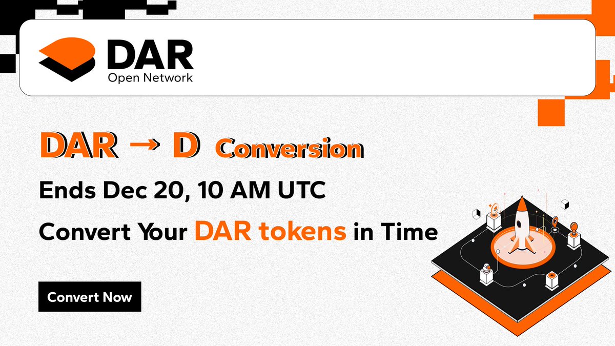 DarOpenNetwork's tweet image. ⏳ Reminder: DAR → D Conversion Ends Soon!

⏰ The DAR to D conversion will end on Dec 20th, 10 AM UTC.

If you haven’t staked your DAR yet, make sure to convert your DAR to D in time. Users who have staked in Dalarnia Citizenship or DAR staking will automatically receive D…