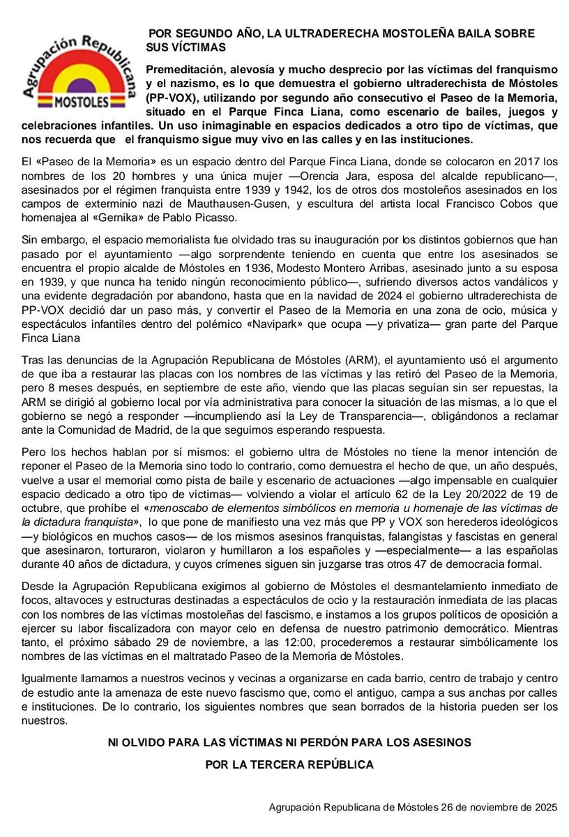 El gobierno ultraderechista de Móstoles (PP-VOX) vuelve a humillar a las víctimas del franquismo y el nazismo organizando un año más un escenario musical sobre el memorial a los represaliados mostoleños. El sábado 29 nos reunimos allí para denunciarlo.