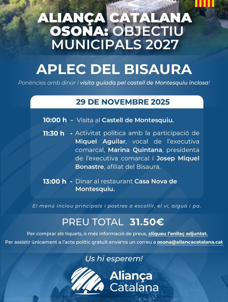 ‼️ Aliança Catalana Osona us convida a l'Aplec del Bisaura, una jornada oberta a tothom i gratuïta, amb opció de dinar per 28 € i visita guiada al Castell de Montesquiu per 3,5 €.

⚠️ Aforament limitat! Reserva les teves entrades abans no s'esgotin a: entrapolis.com/entrades/caste…