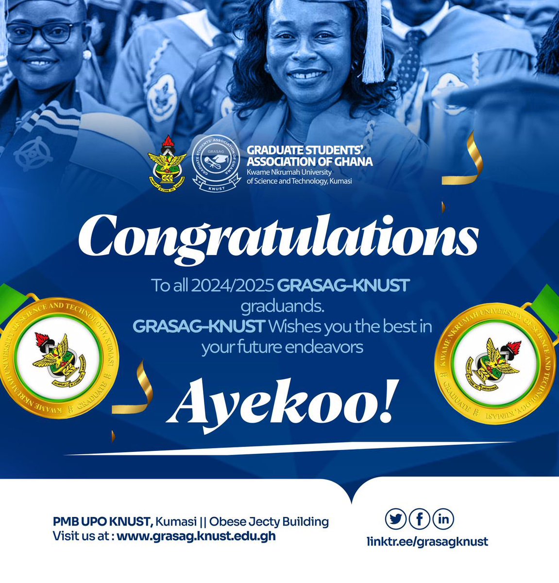 GRASAGKNUST's tweet image. Today, we witness brilliance unfold! 🎓✨👏🏾
Congratulations to all postgraduate students graduating 🎉🎉🎉

GRASAG KNUST celebrates your hard work, commitment, and achievements. 

We wish you well!

#SGS #KNUST #GRASAGKUST #graduation @GRASAGNational_  @DoSA_KNUST  @KNUSTGH