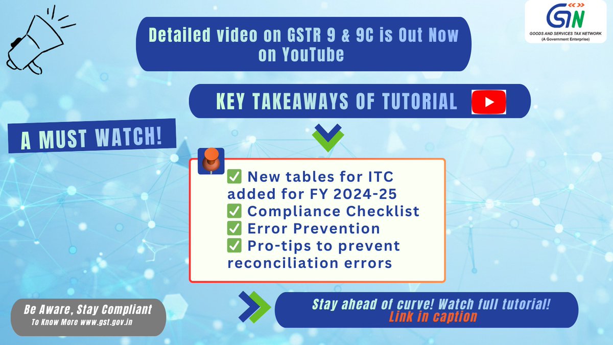 Infosys_GSTN's tweet image. Dear Taxpayers,

GSTN released detailed video tutorial covering the latest updates to GSTR-9 and GSTR-9C for FY 2024–25. 

Watch tutorial from official  GSTN YouTube Handle click to link: 
youtu.be/_Fu4d64icTI

#GSTR9 #GSTR9C #GSTN #EaseOfDoingBusiness #DigitalIndia…