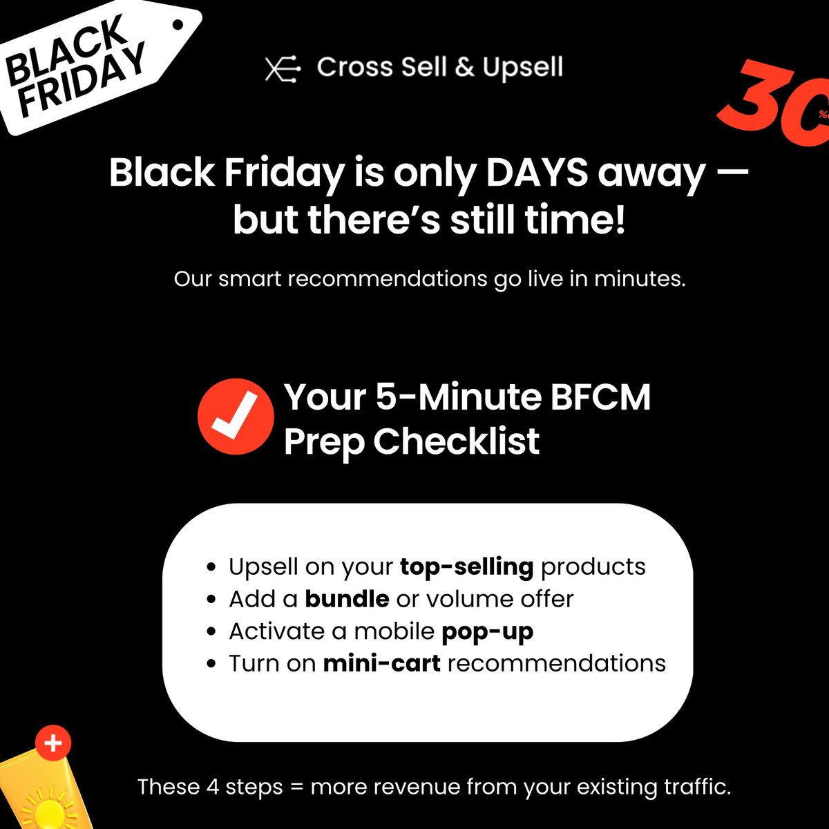 xsellandupsell's tweet image. It’s your time to shine — and save! ✨
Get 30% OFF for a full year using CS30-BFCM.

Plus: our 5-minute BFCM checklist helps you boost revenue fast.
Small tweaks. Big impact.

#BFCM #BlackFriday #ShopifyApps #Upsell