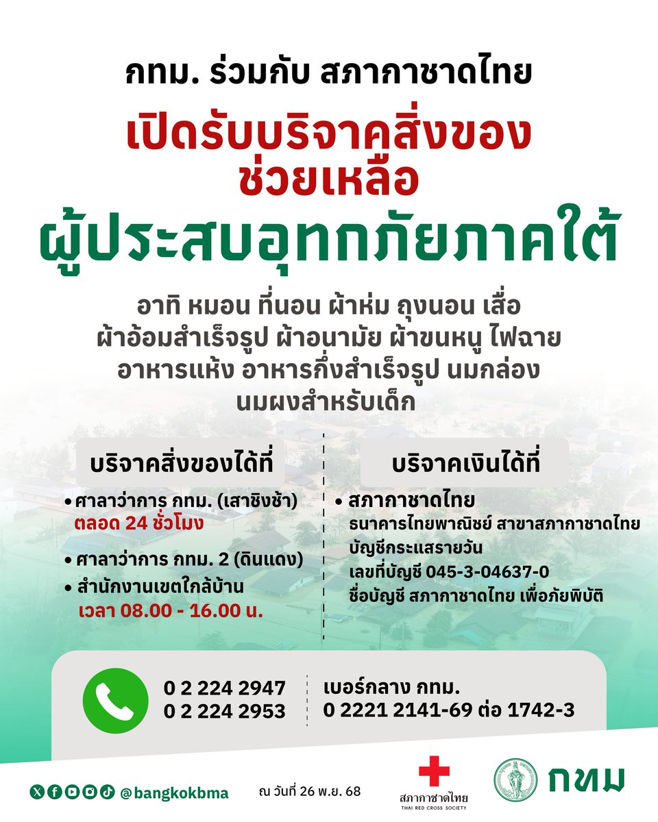 bangkokbma's tweet photo. กทม. ร่วมกับสภากาชา���ไทย ชวนบริจาคสิ่งของช่วยน้ำท่วมใต้ เปิด 52 จุดทั่วกรุง - ชี้พิกัด ศาลาว่าการฯ เสาชิงช้า พร้อมรับ 24 ชม.

https://t.co/tkM0loWTBH https://t.co/kita3LWnkC