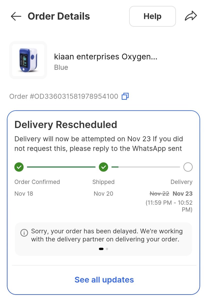 GaganTosham's tweet image. @Flipkart @flipkartsupport  
Order ID: OD336031581978954100  

मैंने सोचा था #Flipkart सबसे तेज़ है।  
पर एक पल्स ऑक्सीमीटर को 18 से 26 नवंबर तक पहुँचाना… 
शायद आप लोग इसे हाथ से चलाकर ला रहे हैं? 
You are not delivering and not refunding either.
#Flipkart #PleaseDeliver