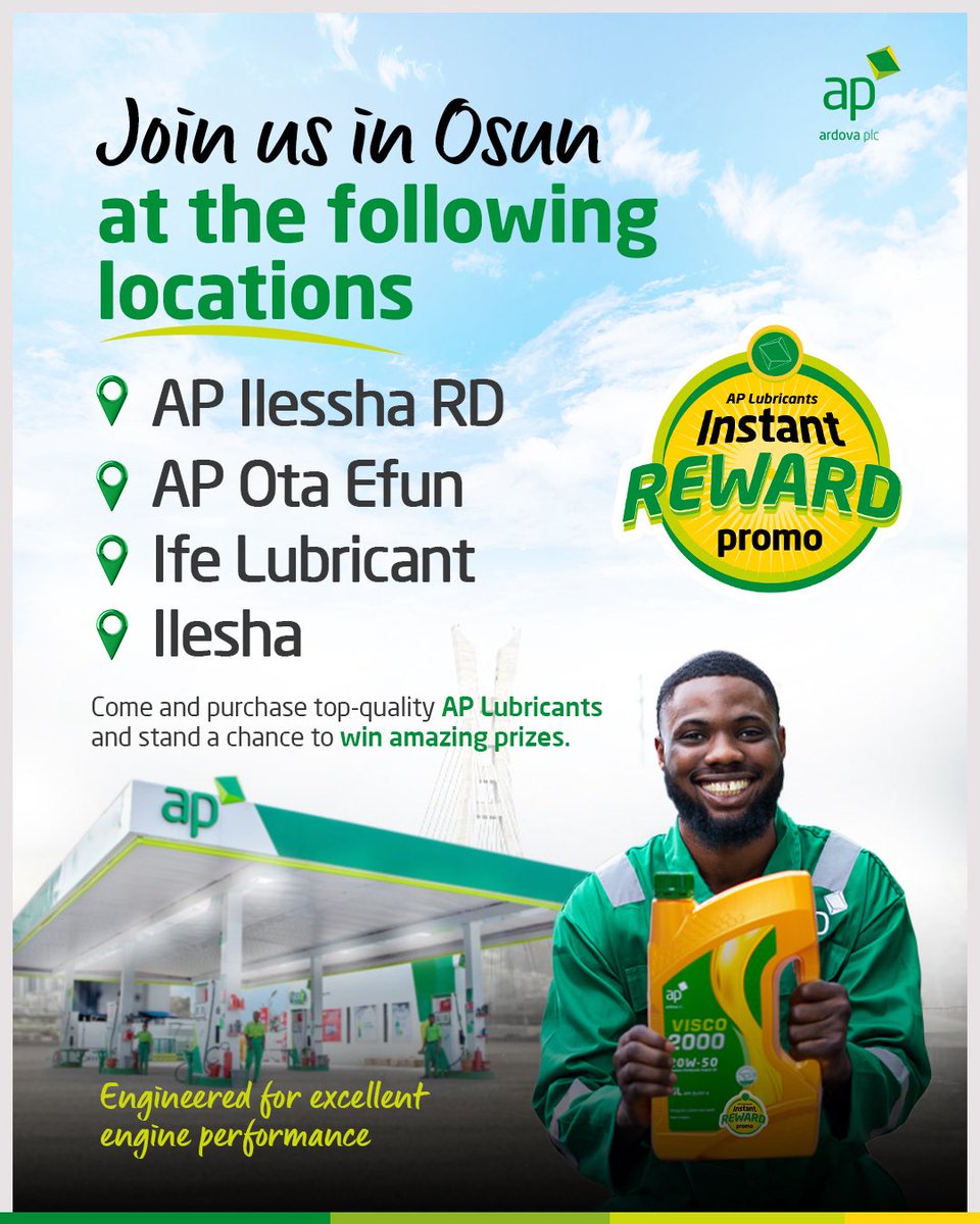 ardovaplc's tweet image. Osun, join us for Day 3 of the Visco 2000 activation at the following locations today:

AP Ilesha Rd
AP Ota Efun 
Ife Lubricant Market 
Ilesha

Don’t miss the opportunity to win amazing gift items!

#APLubricantScratchAndWinPromo
#Visco2000
#APLubricants
#rewardingeverypurchase
