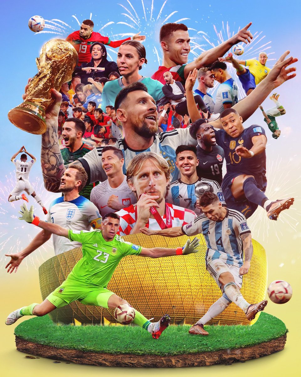 TheePopCore's tweet image. Jungkook has been featured in the Official 2026 FIFA World Cup poster, spotlighting his iconic performance at the Qatar 2022 World Cup as part of a collage of historic moments.