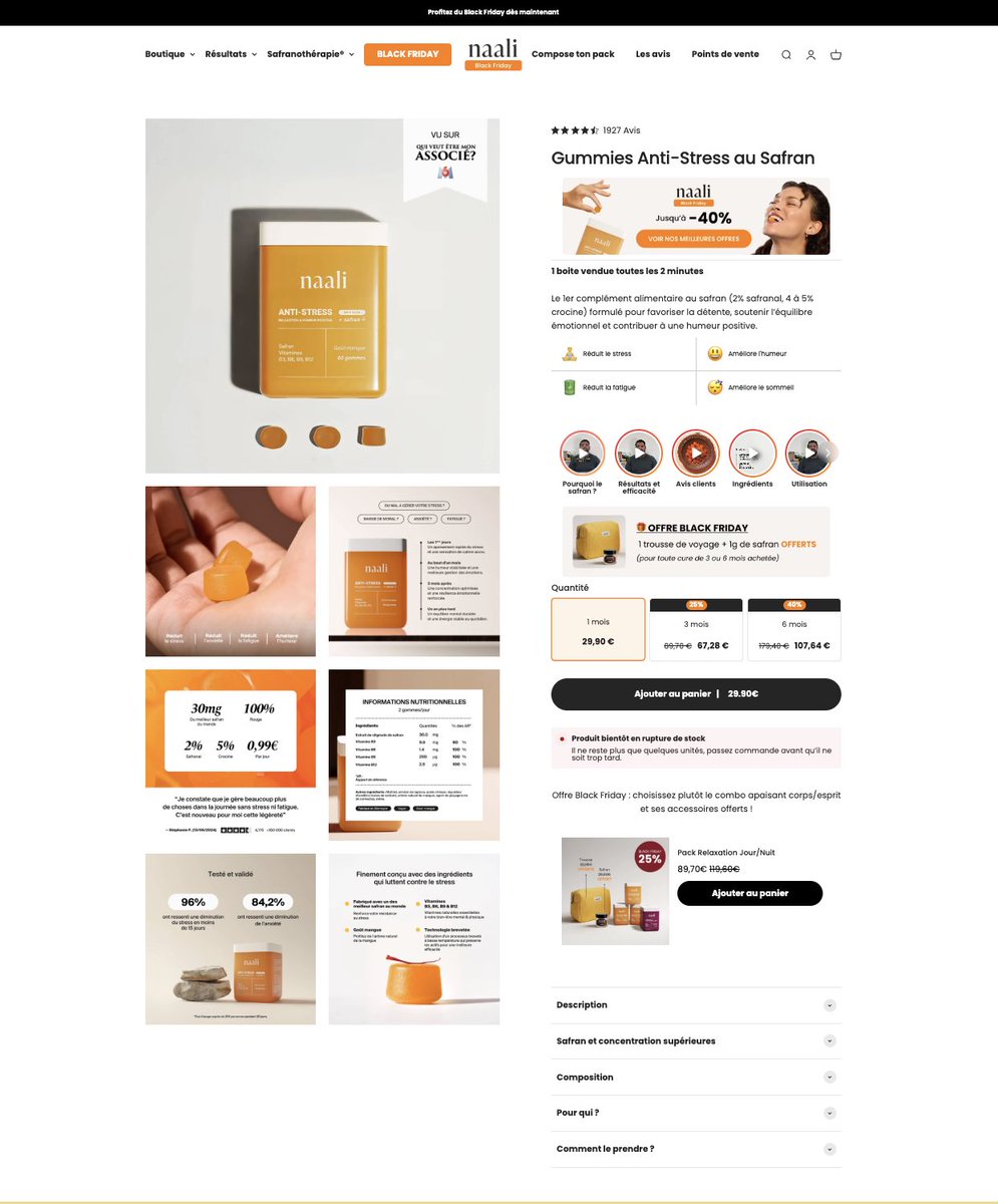 NathanNoCode's tweet image. La page produit du site « Naali » c’est vraiment une pépite, tout y est.. 🧡

Réassurance, UGC, photos produits clean, offre bundle, urgence, etc.. 👇🏼