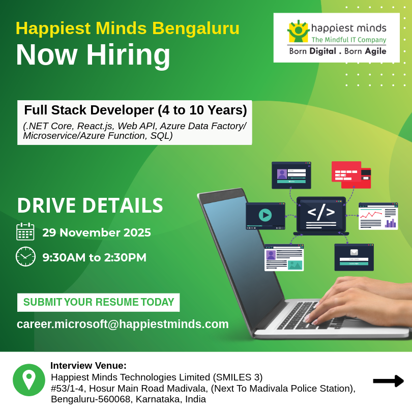 HappiestMinds's tweet image. Elevate your career at #HappiestMindsBengaluru

We are hiring skilled .NET Full Stack Developers to craft robust apps &amp;amp; scalable cloud solutions. 

📍Join us this Saturday: shorturl.at/mZxyFApply 

📩career.microsoft@happiestminds.com

#Hiring #FullStackDeveloper #BengaluruJobs