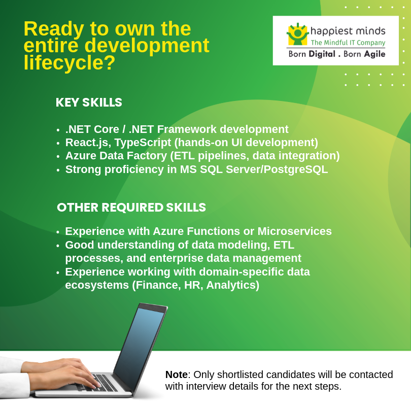 HappiestMinds's tweet image. Elevate your career at #HappiestMindsBengaluru

We are hiring skilled .NET Full Stack Developers to craft robust apps &amp;amp; scalable cloud solutions. 

📍Join us this Saturday: shorturl.at/mZxyFApply 

📩career.microsoft@happiestminds.com

#Hiring #FullStackDeveloper #BengaluruJobs