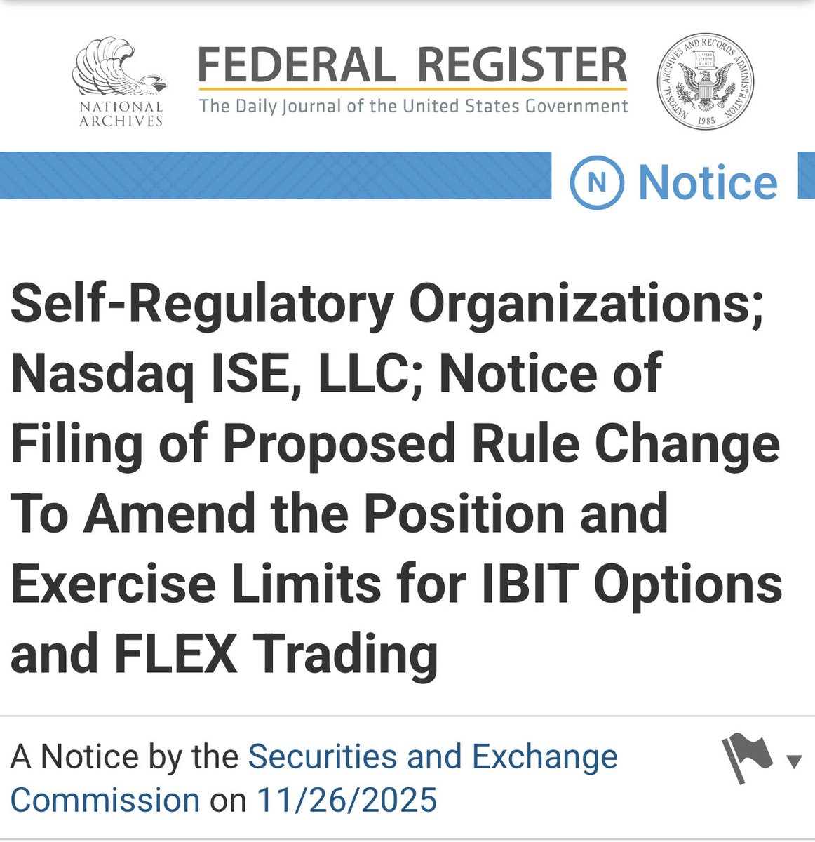 Beiwatch1's tweet image. JUST IN: Nasdaq ISE has filed to RAISE the position limits for BlackRock&apos;s #Bitcoin ETF options

They are proposing a jump to 1,000,000 contracts

They aren&apos;t just opening the door for institutions. They are removing the hinges

⚠️ For context: The standard limit for most ETFs…